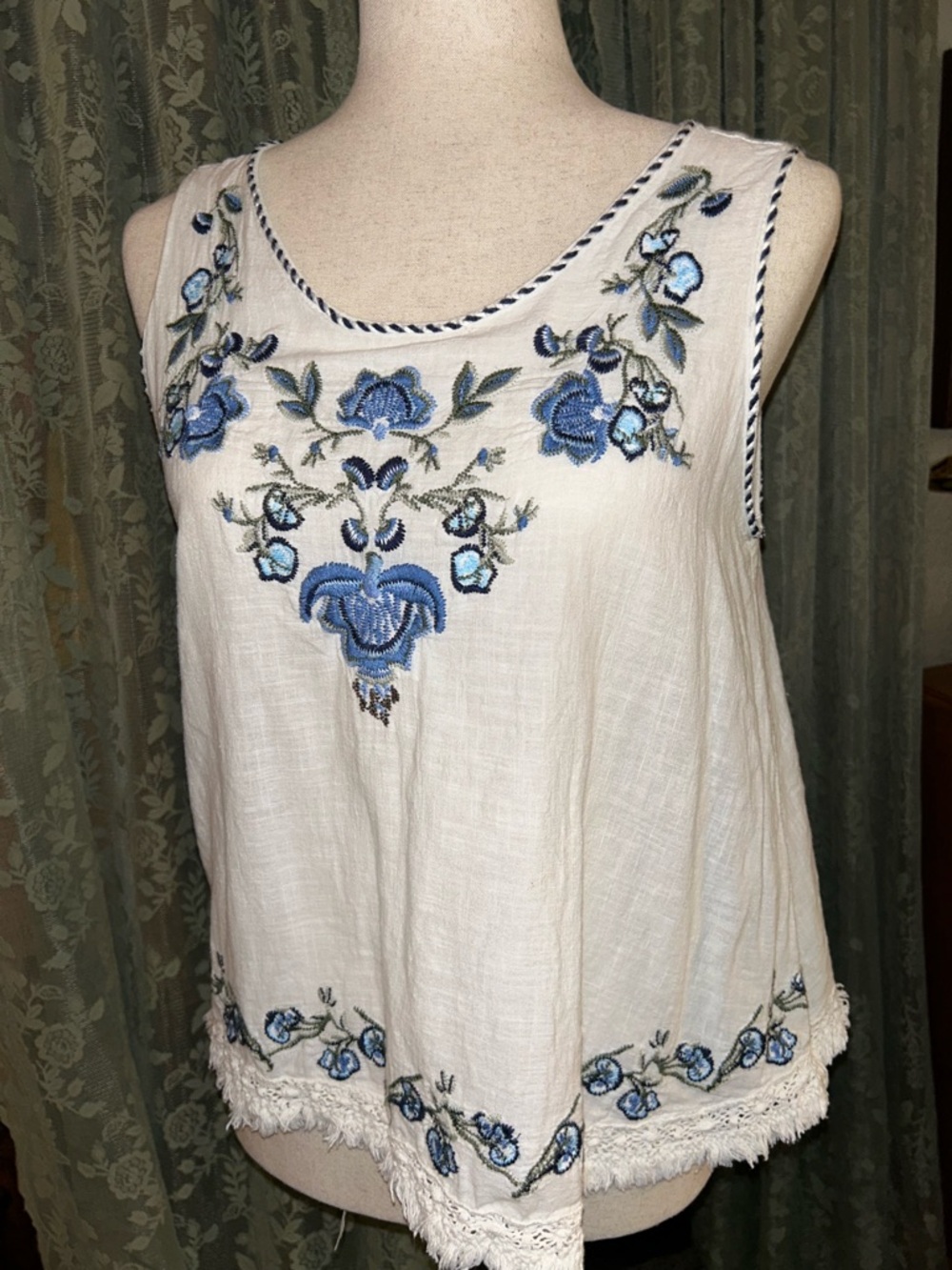 100% Cotton Max Studio Boho Tank Top with Floral Embroidery Crochet Hem